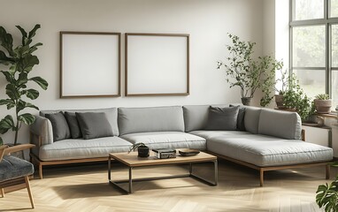 Fototapeta premium Modern living room interior with grey sectional sofa, wooden coffee table, plants, and two blank frames on the wall.