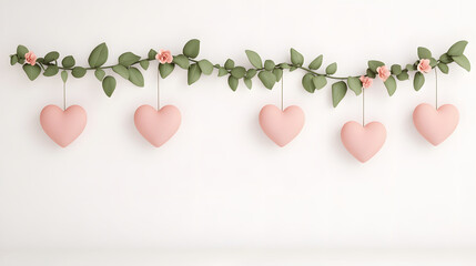 Hanging heart garland with floral design, featuring soft pink hearts and green leaves, perfect for romantic decor and celebrations