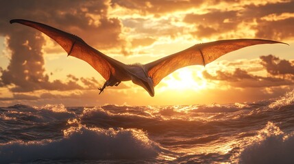 Naklejka premium Majestic Pterosaur Soaring Over Golden Sunset Ocean