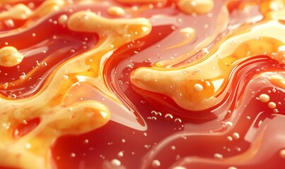 Close-up of red and orange sauce swirls with air bubbles.