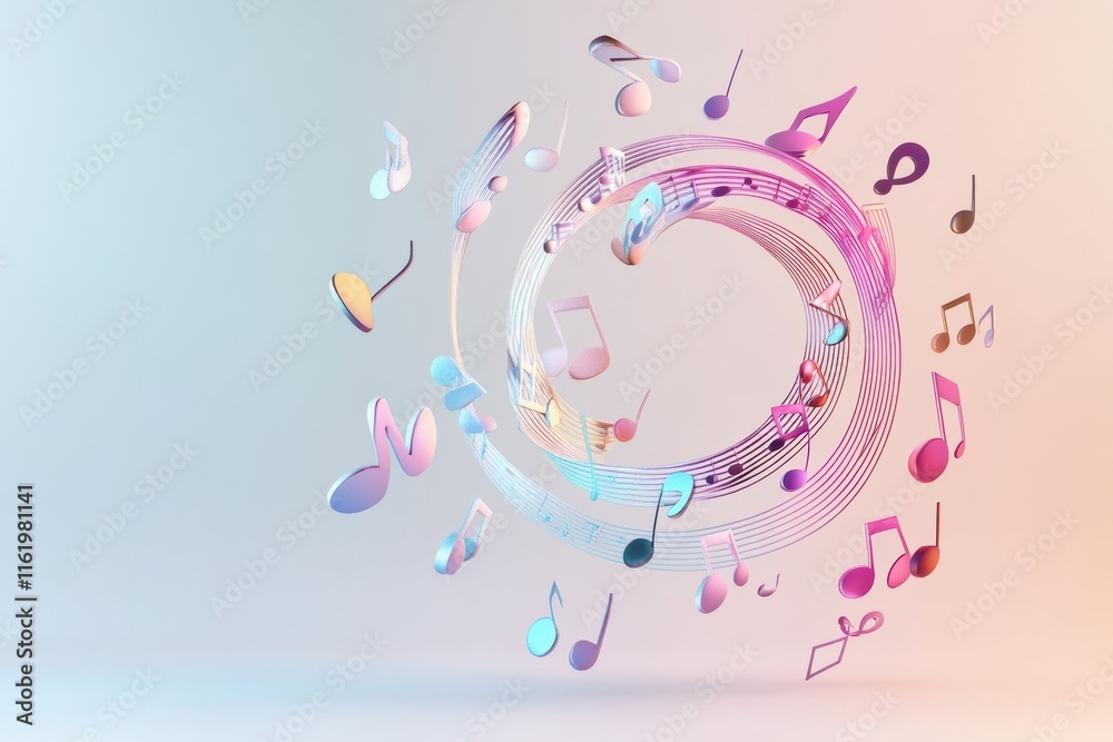 Poster colorful 3d music notes swirling around in a vibrant and dynamic pattern on a soft background. gener
