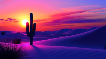 Desert Sunset Silhouette A Cactus Stands Tall Against Vibrant Sky