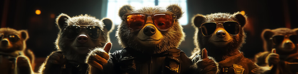 Cool cartoon bears wearing sunglasses in a playful setting, perfect for wall art, posters, and children's room decor, adding a fun and whimsical touch to any space.