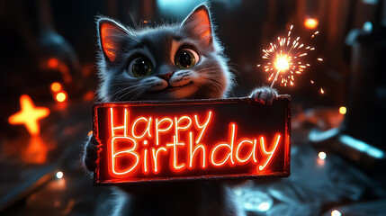 Adorable cat holding a neon 'Happy Birthday' sign surrounded by festive lights and sparklers, perfect for birthday party decor, wall art, and celebration themes.
