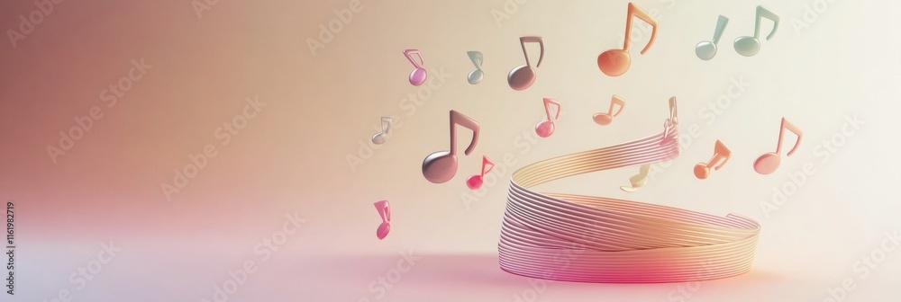 Aufkleber Floating 3D music notes swirl around a vibrant spiral line in a colorful abstract setting. Generative AI