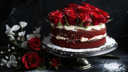 Red velvet cake adorned with red roses.