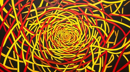 Bright yellow and red lines spiraling into each other in a chaotic and energetic pattern