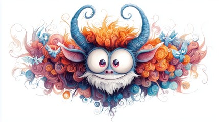 Fototapeta premium Whimsical Monster & Creatures with Swirling Wing Patterns - Thick Outline Art