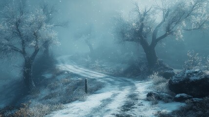 Naklejka premium Snowy Path Winding Through a Misty Winter Forest