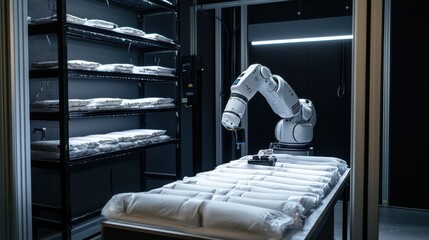 A robotic arm is positioned over a table with neatly arranged items, surrounded by shelves filled with similar items in a modern, dimly lit environment.