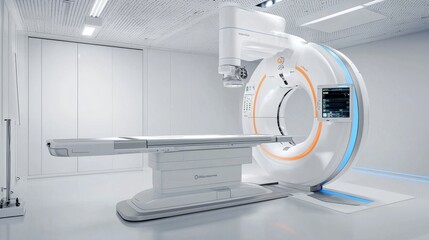 A modern medical imaging room featuring advanced scanning equipment, designed for patient diagnostics in a clean, high-tech environment.
