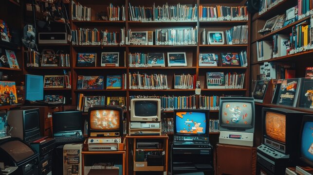 A cozy room filled with vintage TVs and shelves packed with books and media, creating a nostalgic ambiance.