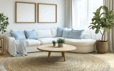 Modern living room interior design with white sectional sofa, round coffee table, and light blue pillows.