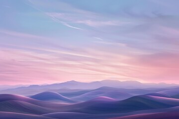 Obraz premium Soft pastel sunset colors paint a dreamy sky above rolling purple hills. A peaceful, tranquil landscape with a hazy, ethereal quality.