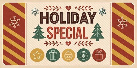 Festive Holiday Special Banner with Christmas Icons and Decorative Elements in Red, Green, and Gold Colors for Seasonal Promotions and Celebrations