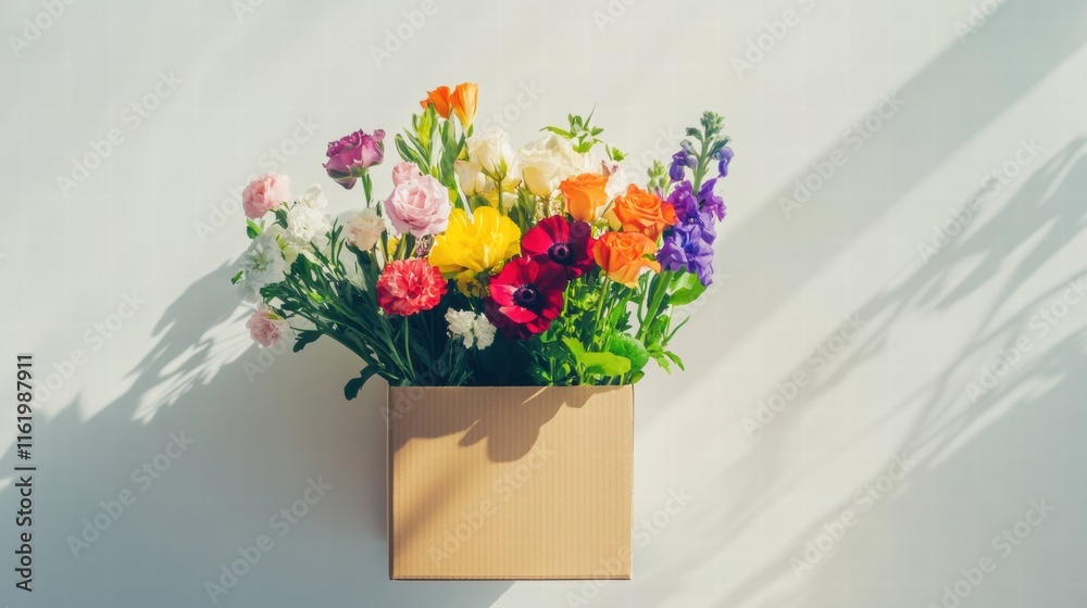 Poster cardboard delivery box filled with vibrant fresh flowers against a light wall with copy space for te
