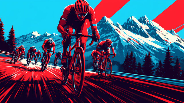 Dynamische Illustration von Radfahrern bei einem Wettkampf durch eine alpine Berglandschaft
