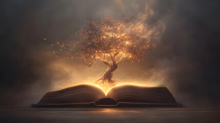 glowing tree emerges from open book, symbolizing knowledge and growth. ethereal scene evokes sense of wonder and magic, blending nature with literature