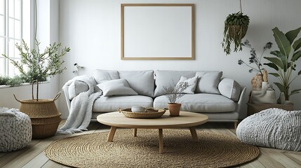 Fototapeta premium Minimalist living room interior with light grey sofa, wooden coffee table, jute rug, plants, and a blank frame.