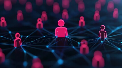 glowing leader at core, surrounded by network of connections, symbolizes teamwork and collaboration in digital world