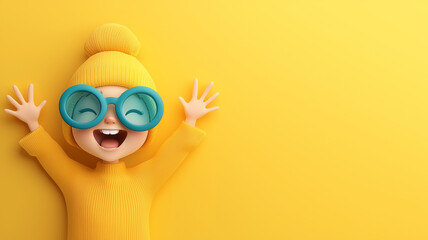 Fototapeta premium Cheerful child with big glasses and yellow sweater, expressing joy against bright yellow background. Perfect for conveying happiness and playfulness