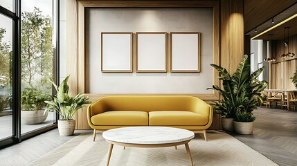 Modern waiting area with yellow sofa, wooden frame, and three blank canvases.