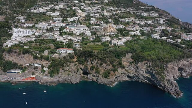 Aerial view of Praiano coastline and sea on a sunny summer day, Amalfi Coast Italy, Europe
