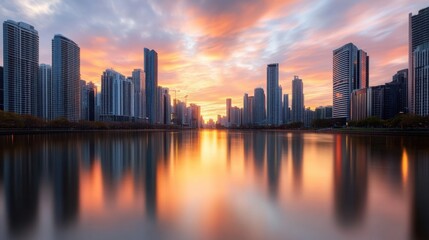 Fototapeta premium a city skyline at sunset, with skyscrapers silhouetted against a fiery sky,