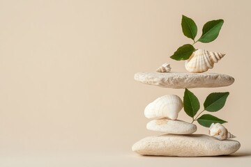 Balanced stones, seashells, and leaves on beige background.