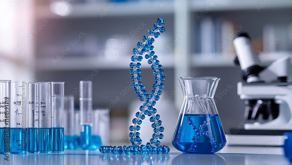 Poster DNA helix model in lab setting with beakers and test tubes.