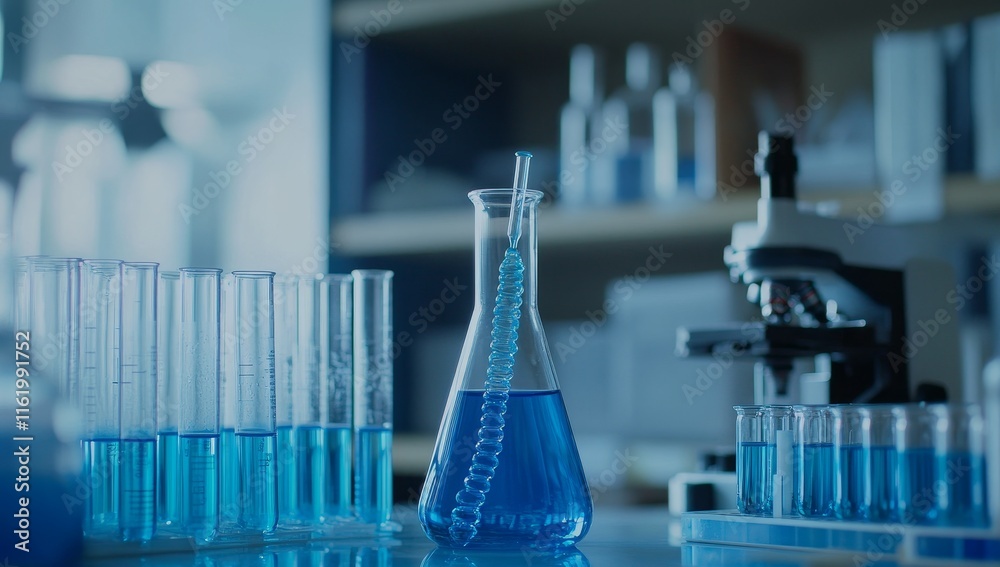 Poster Blue liquid in Erlenmeyer flask and test tubes in a lab.