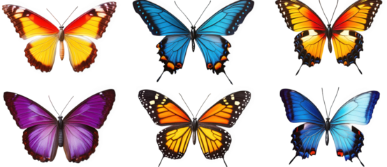 six colorful butterflies with intricate wing patterns isolated on a transparent background