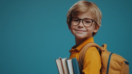Portrait of smart blond schoolboy in glasses 11 years old with textbooks and school bag on shoulders smiling looking at camera, studio blue background