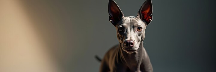 Striking Xoloitzcuintli portrait showcasing the breeds unique features with expressive eyes and large ears against a soft diffused background
