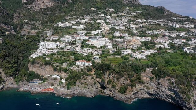 Aerial view of Praiano coastline and sea on a sunny summer day, Amalfi Coast Italy, Europe