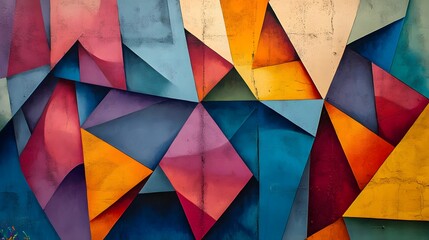 Colorful geometric figures interlocking with deep contrasting shadows that create striking effects