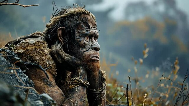 Early existence: displaying prehistoric life focused on primitive man, basic living conditions, and the connection to nature in a time long past.