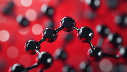 Abstract 3D rendering of black shiny spheres connected by rods against a red bokeh background, representing a molecular structure or network.