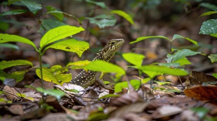 Obraz premium A small lizard camouflaged amidst lush green foliage and fallen leaves on the forest floor.