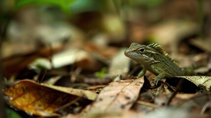 Close-up of a small green lizard on forest floor.