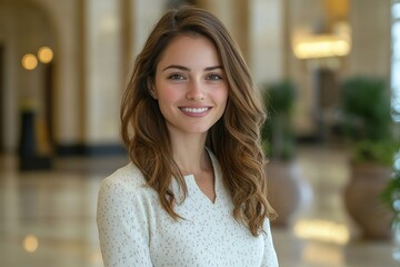 Obraz premium Cute commercial business corporate representative woman model brunette smiling in large building hall lobby, Generative AI