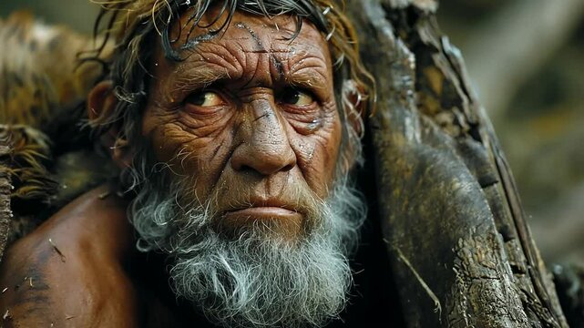Early existence: displaying prehistoric life focused on primitive man, basic living conditions, and the connection to nature in a time long past.