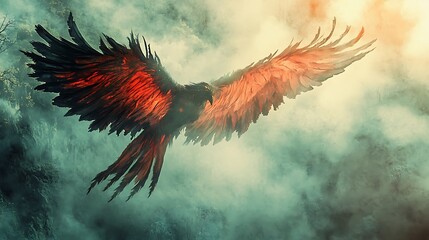 Fiery Winged Creature Soaring Through Misty Forest
