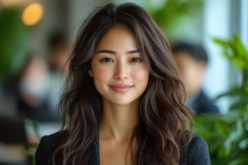 Obraz premium A woman with long brown hair is smiling at the camera. Generative AI