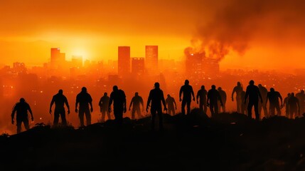 A cinematic portrayal of a zombie horde silhouetted against a burning city skyline.