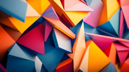 Colorful geometric pieces interlocking with dynamic shadows creating a complex and eye-catching design