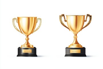 Two golden trophy cups on black bases, isolated on white.