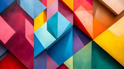Interlocking geometric shapes in a range of bright colors with their shadows adding a sense of movement