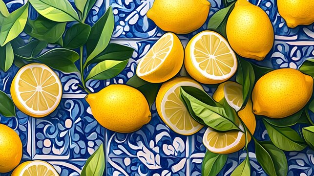 Lemons and Leaves on a Blue and White Tile Background