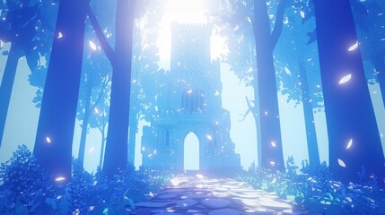 Obraz premium Mystical blue forest path leading to ancient stone tower.